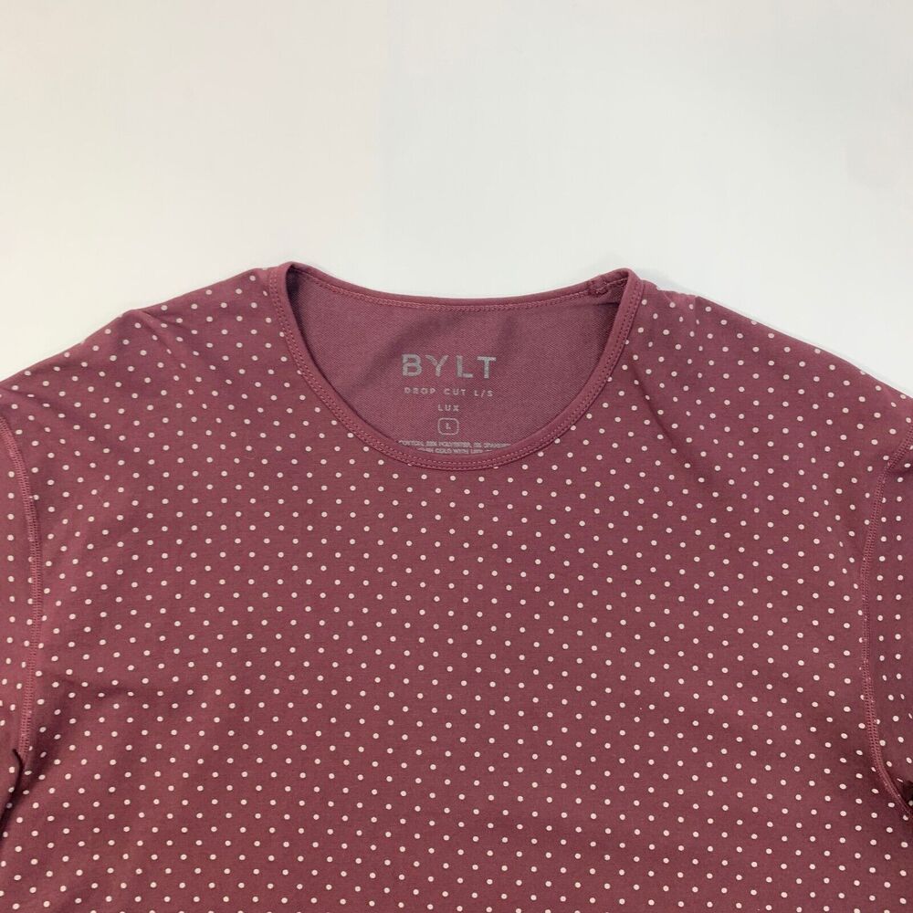 BYLT Shirt Mens L Large Maroon Grey Polka Dot Drop Cut Long Sleeve Crew Stretch - Picture 4 of 10